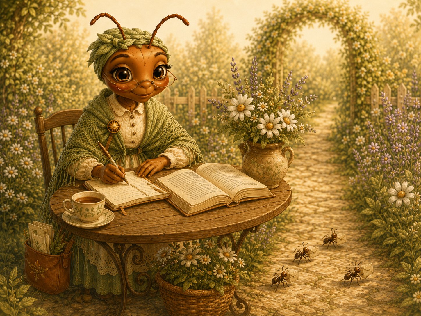 Mrs. Ant writing in a journal beside an open Bible