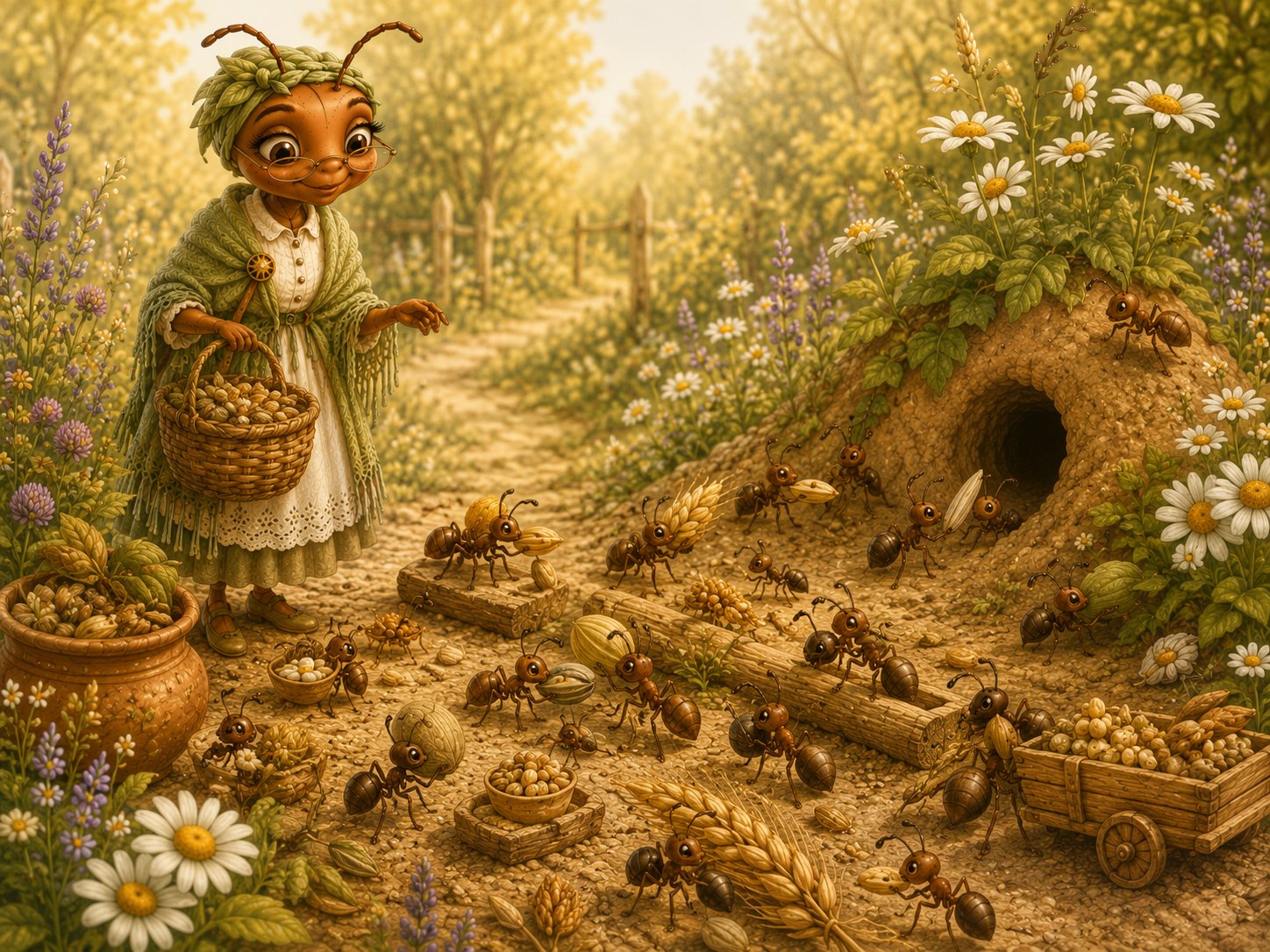 Ants storing seeds near the anthill