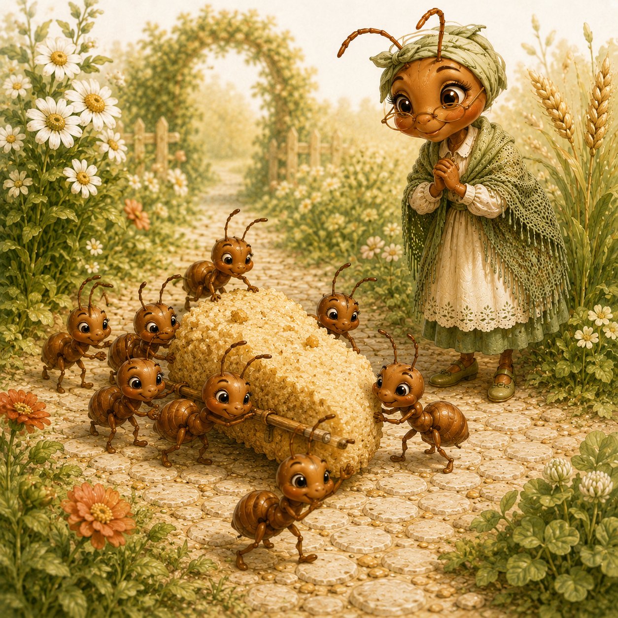 Several ants moving one large crumb together