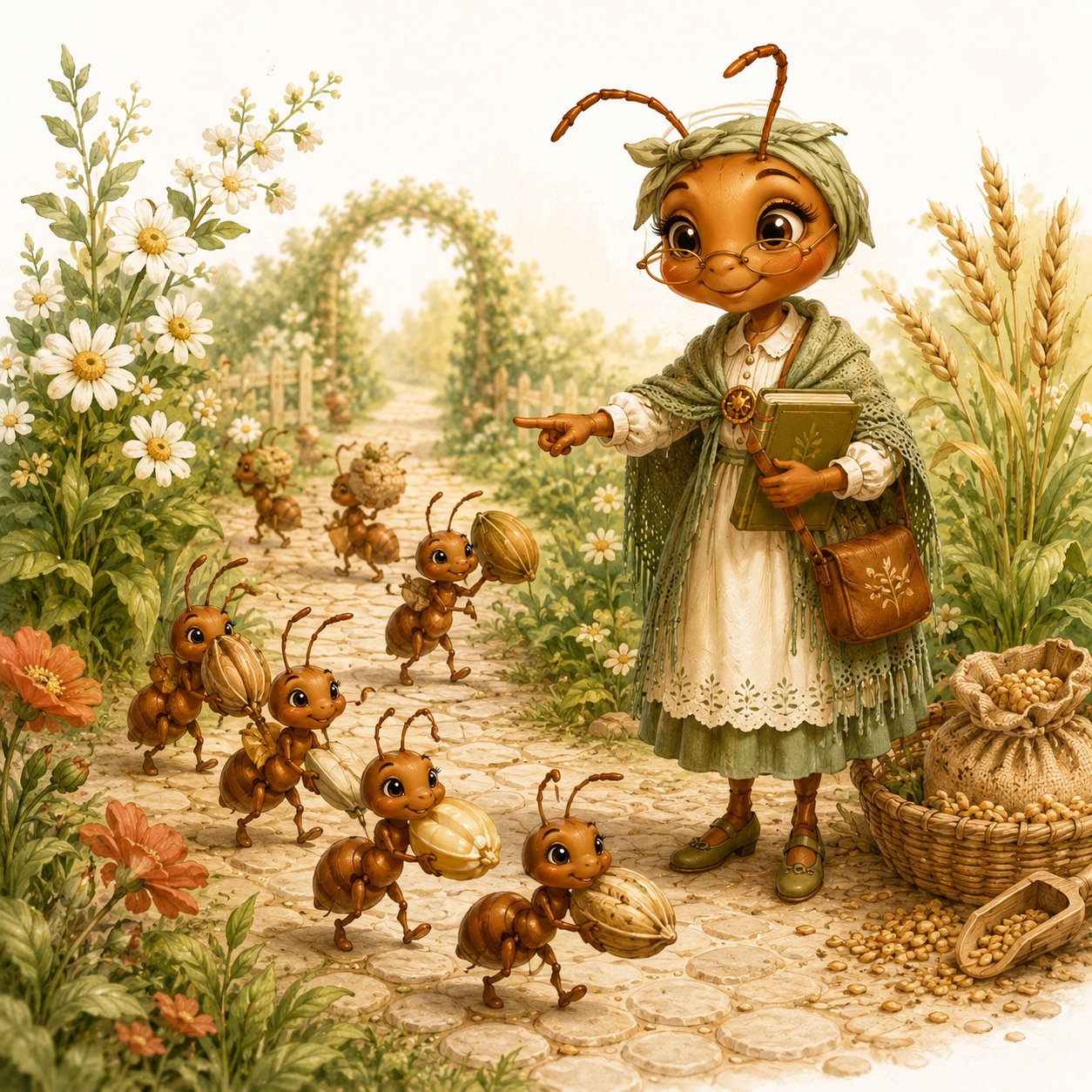 Ants carrying seeds while Mrs. Ant points to their steady work