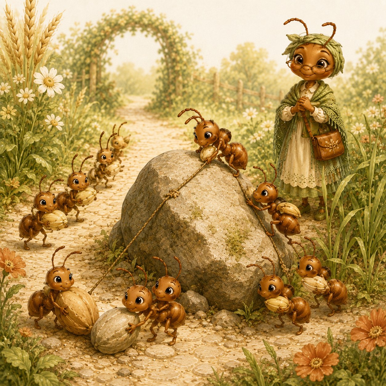 Ants working together around a pebble obstacle