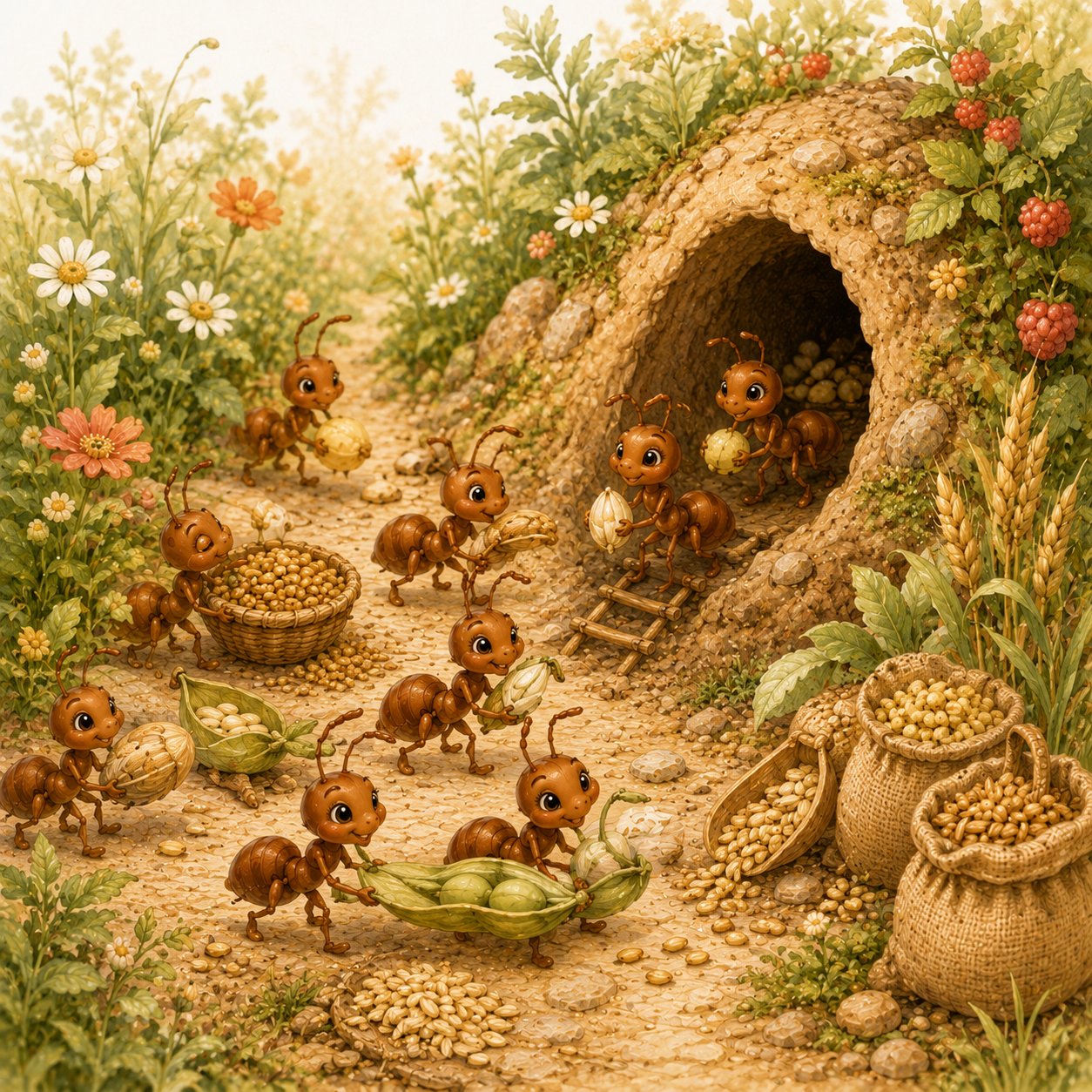 Ants storing food near the anthill