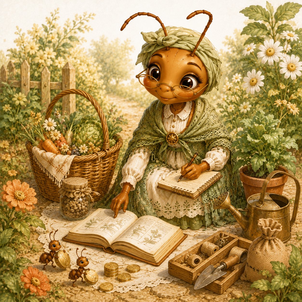 Mrs. Ant with a basket, notebook, coins, and garden tools
