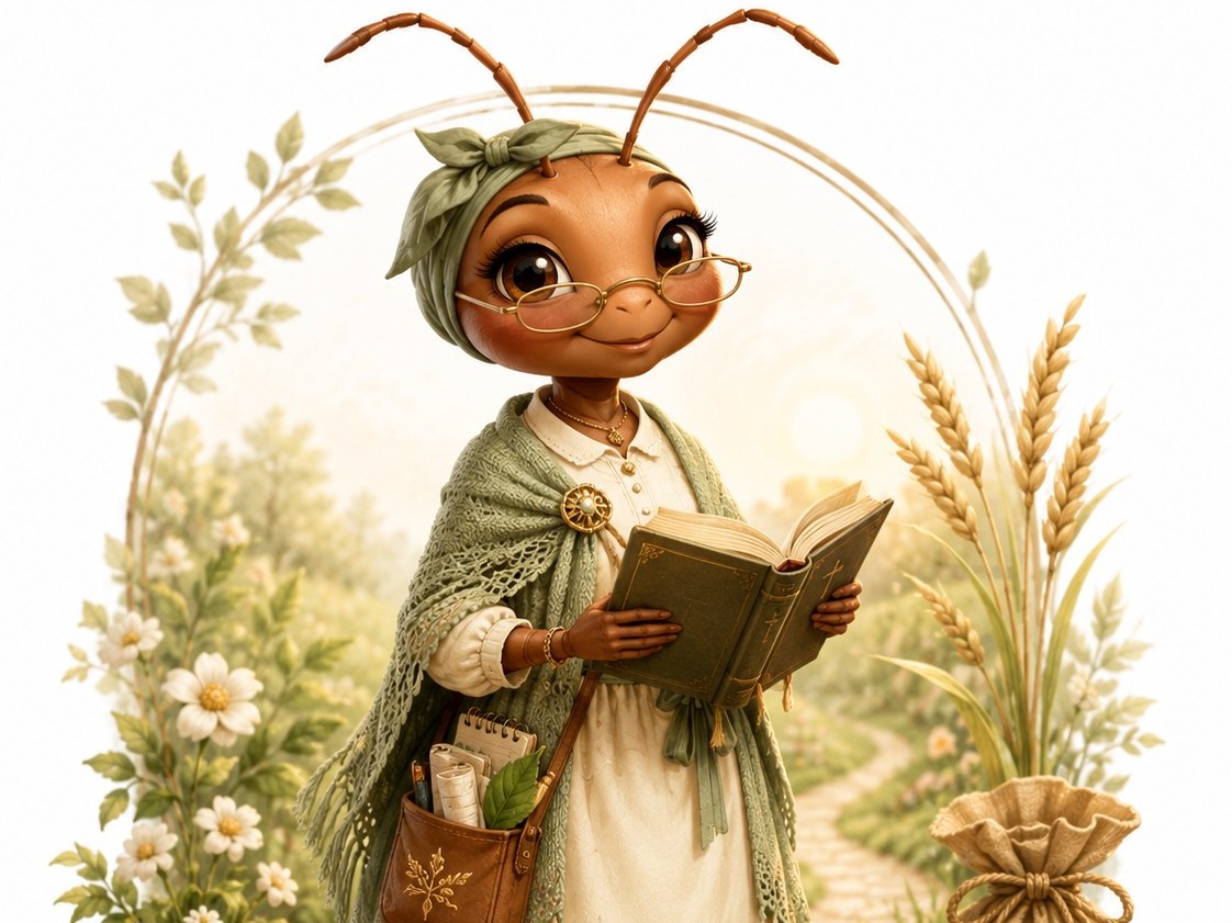 Mrs. Ant holding an open book on the garden path