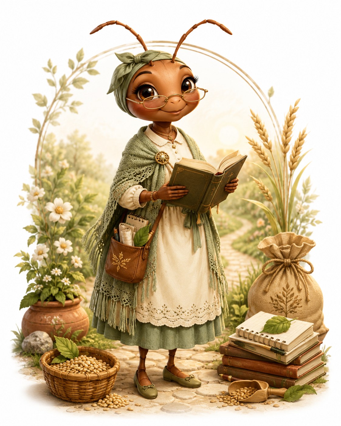 Mrs. Ant portrait, holding her book on the garden path