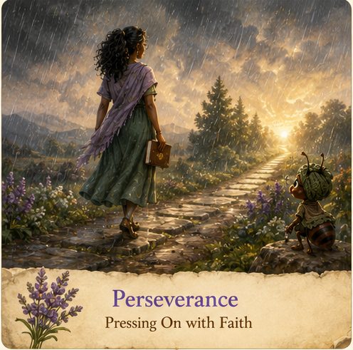 A woman walking a stone path through rain toward the light
