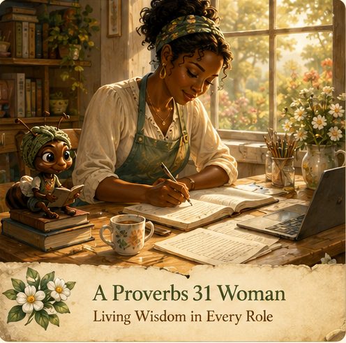A Proverbs 31 woman writing at her desk with a young ant beside her