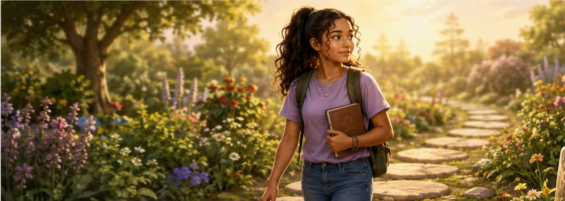 A teen girl walking the Wisdom Trail with her journal