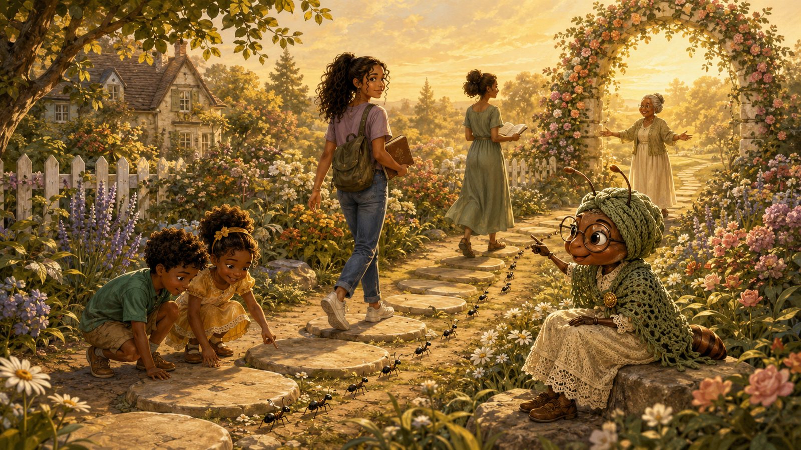 Three generations of one family walking the fourteen-stone Wisdom Trail while Mrs. Ant points the way