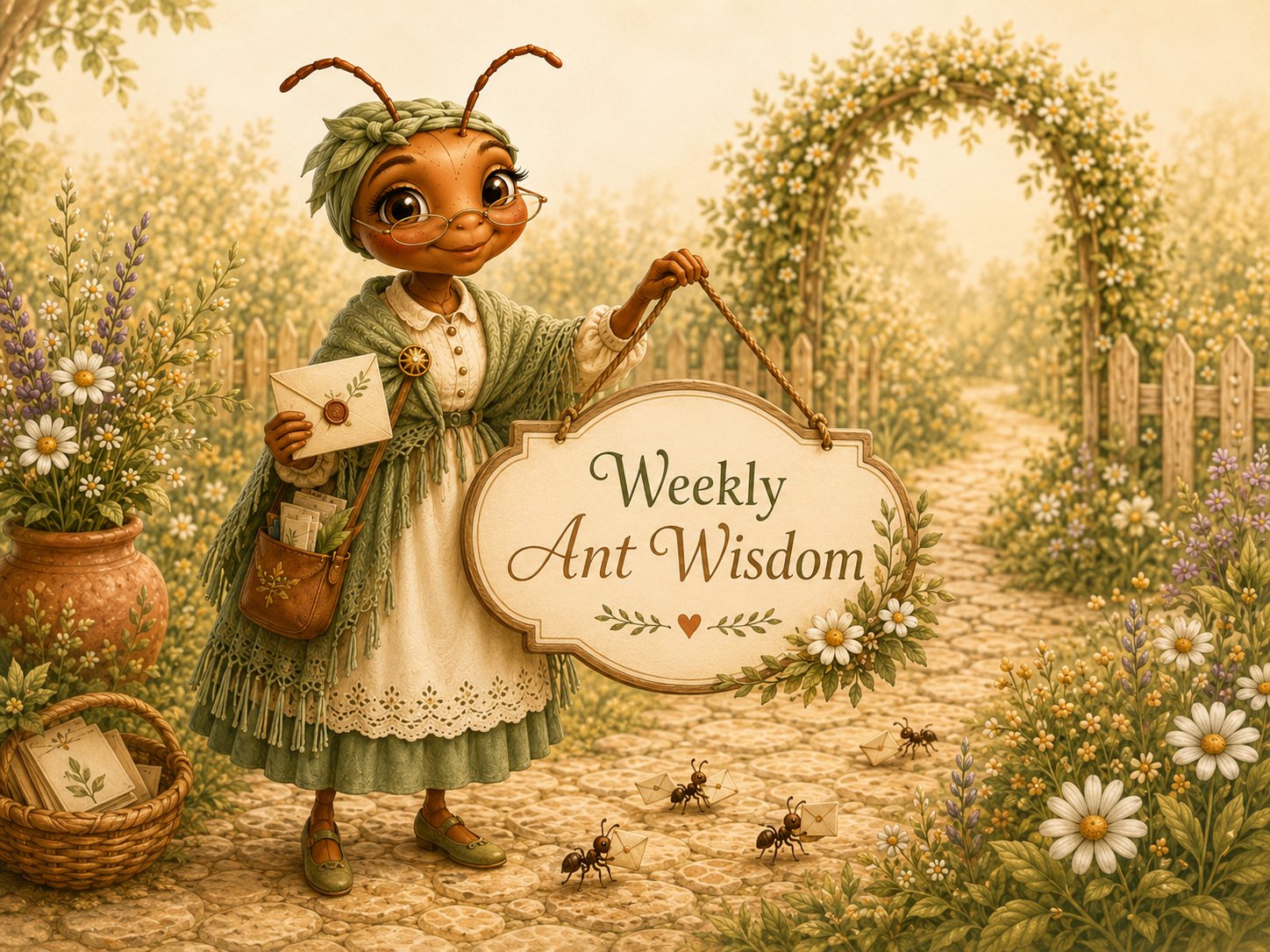 Mrs. Ant holding a Weekly Ant Wisdom sign, with ants carrying tiny letters