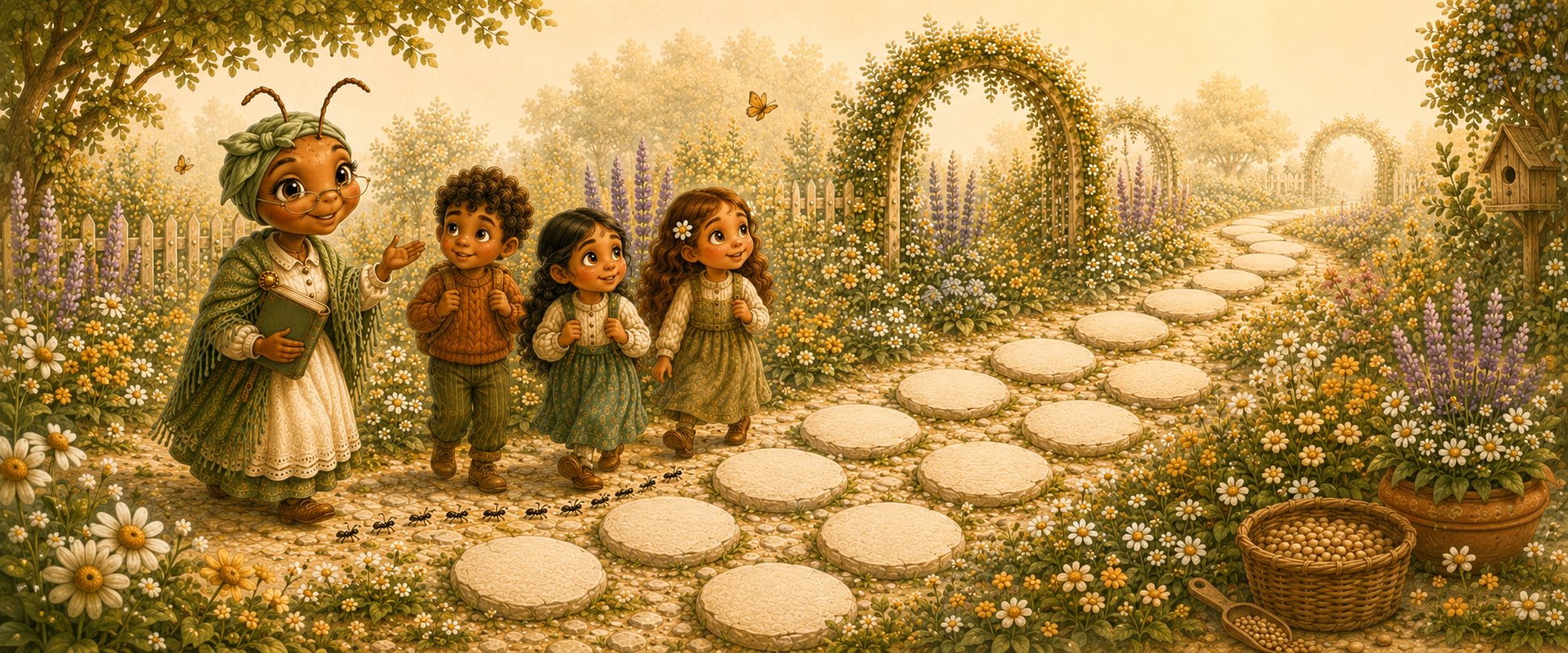 Mrs. Ant leading children along the Wisdom Trail stepping stones