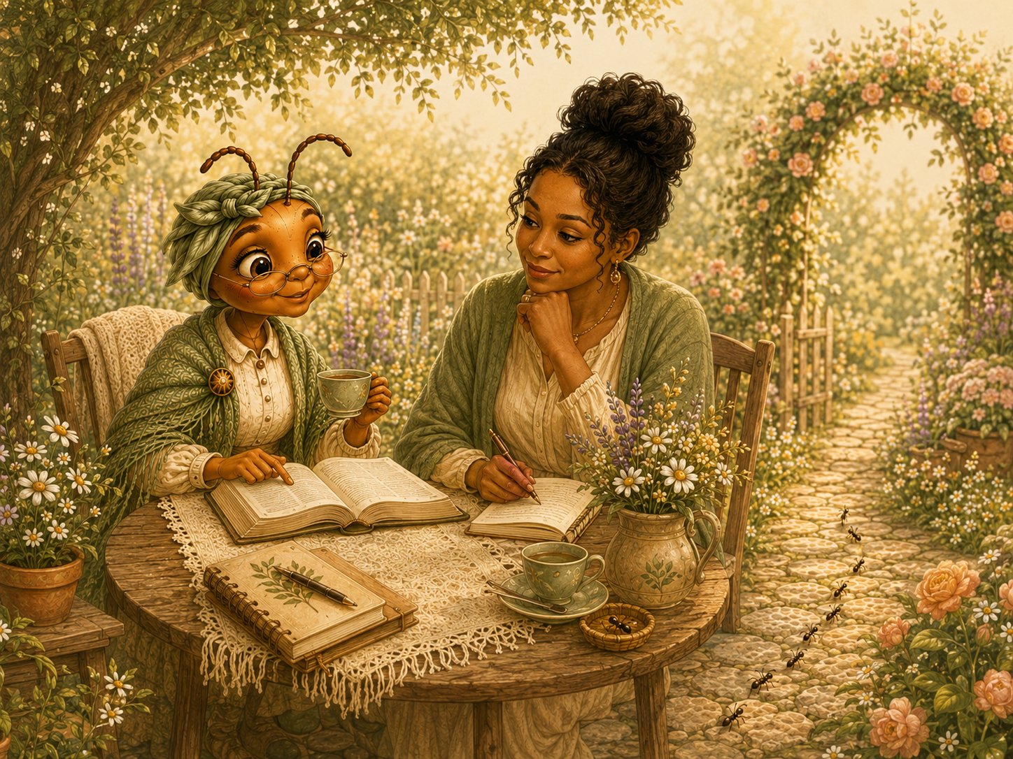 Mrs. Ant and a woman having tea and journaling together in the garden